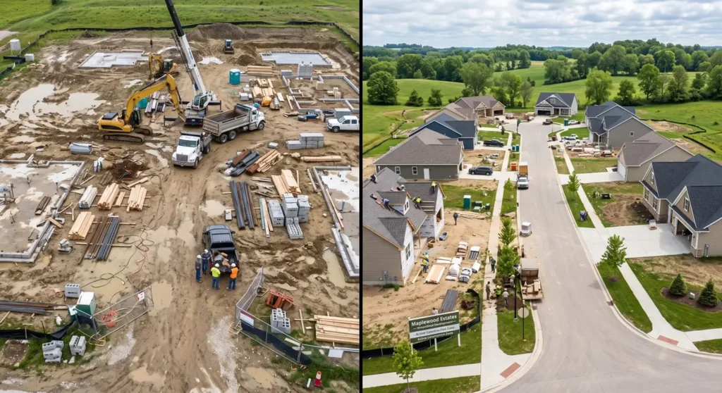Project managers discussing site plans regarding hiring a full-service land development firm vs. multiple contractors in Wisconsin