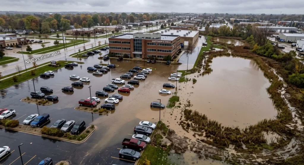 Wisconsin stormwater management retention basin overflowing during a spring downpour.