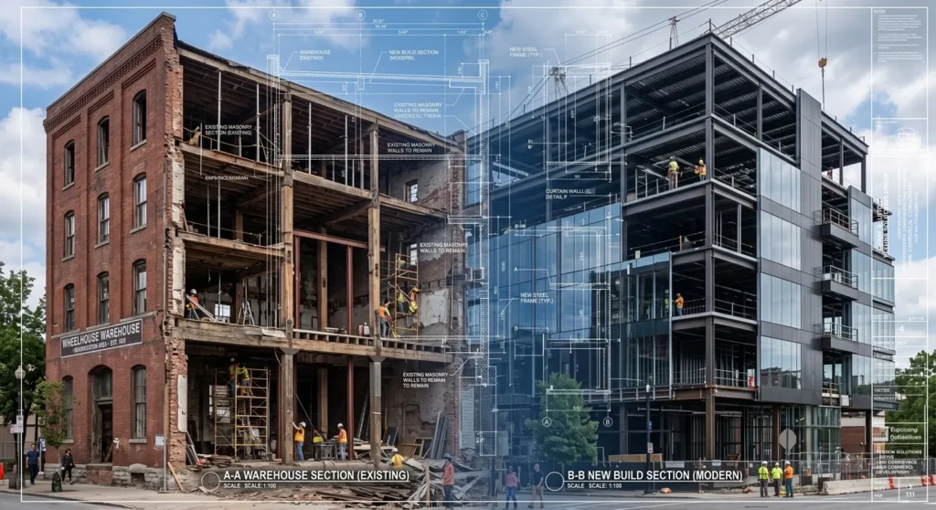Architect reviewing a commercial renovation vs. new construction analysis for a Wisconsin building.