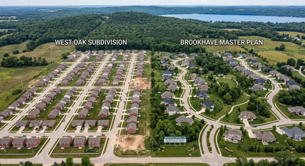 Aerial view comparing poor residential planning against subdivision layout design best practices.