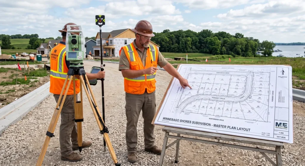 Land surveyor operating optical equipment to evaluate boundary surveyor cost on a commercial property.